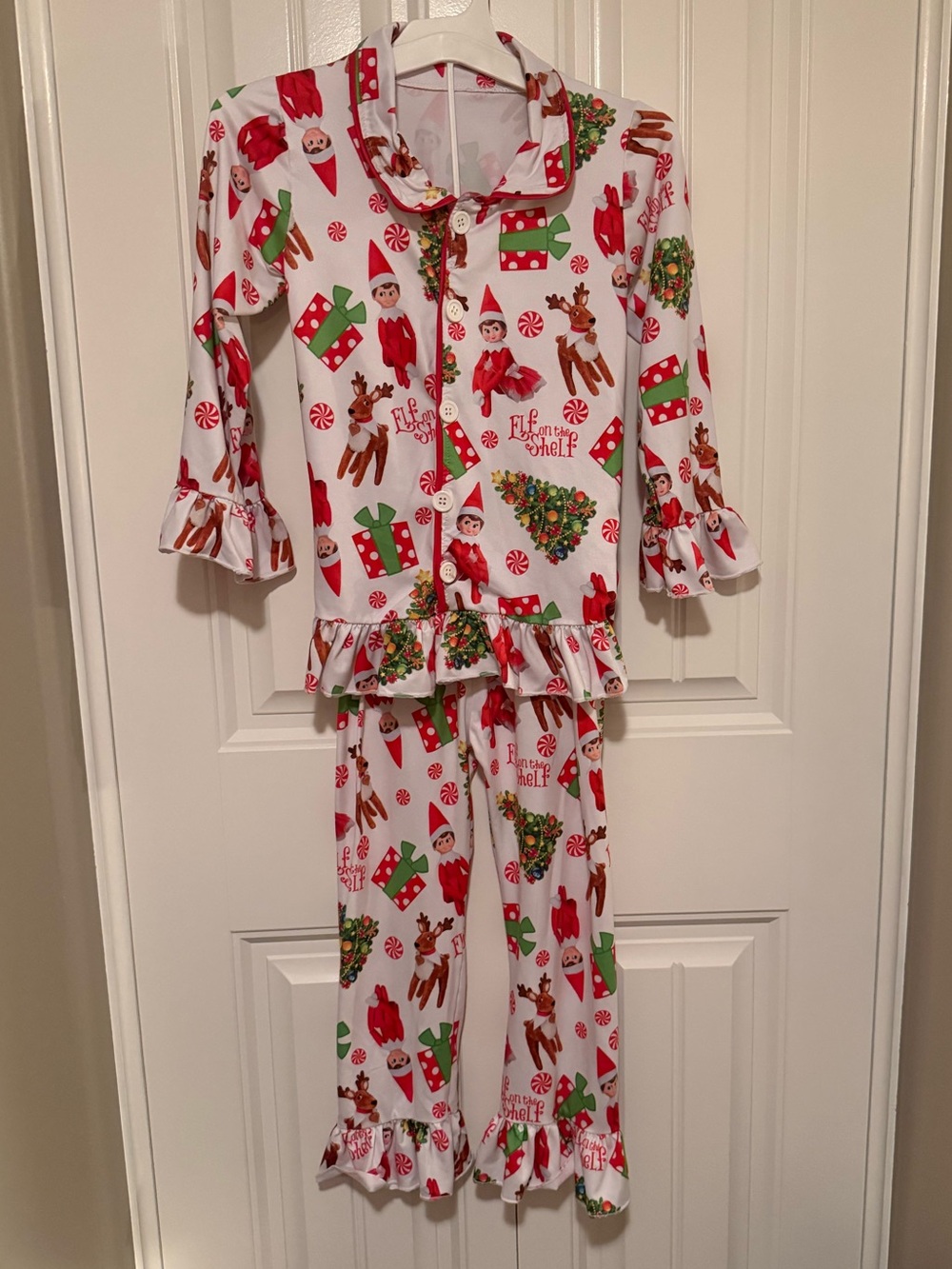 Girls White Elf on the Shelf Ruffle Pajama Set - Size 6/7